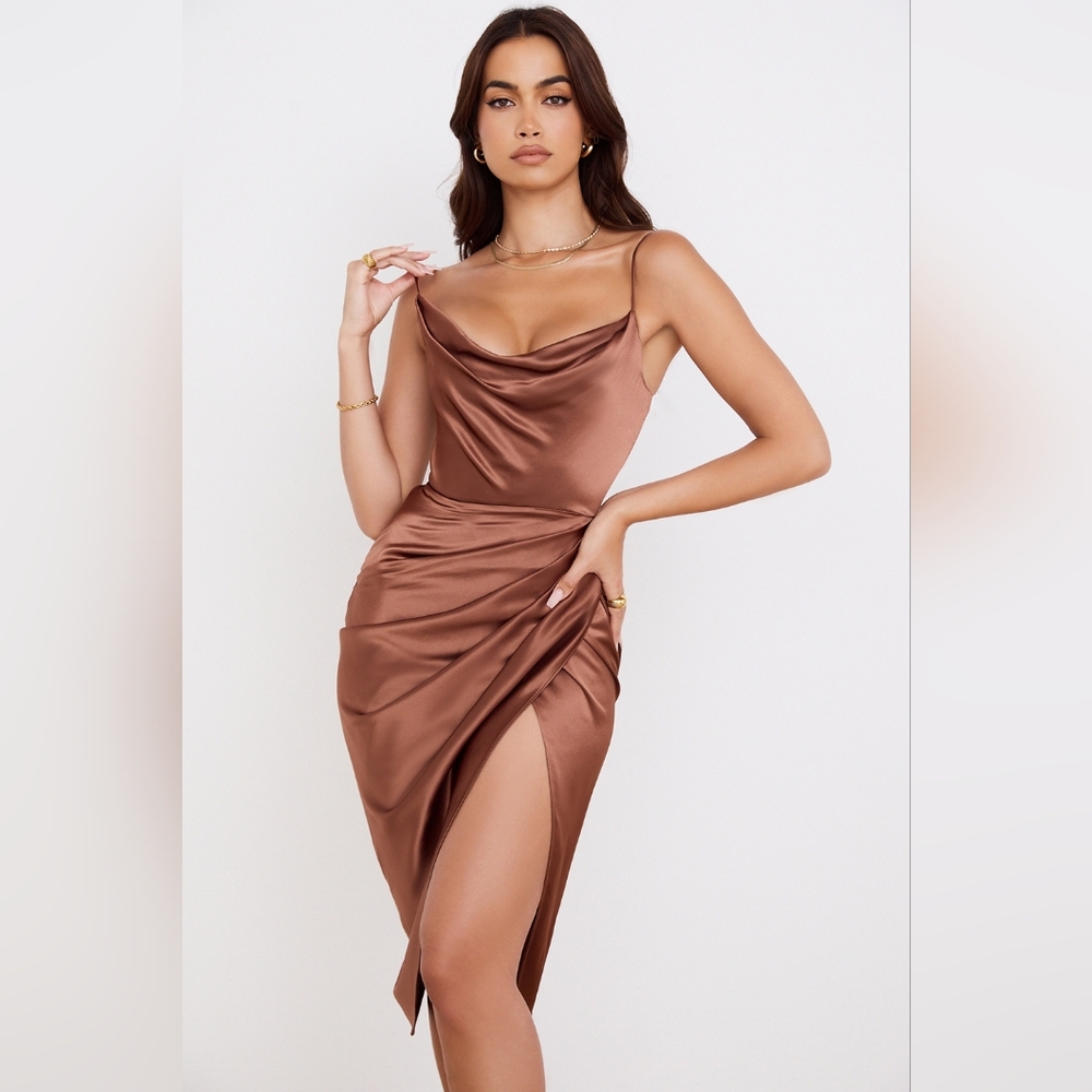 NWT HOUSE OF CB REVA Toffee SATIN BALCONY CORSET DRESS XS